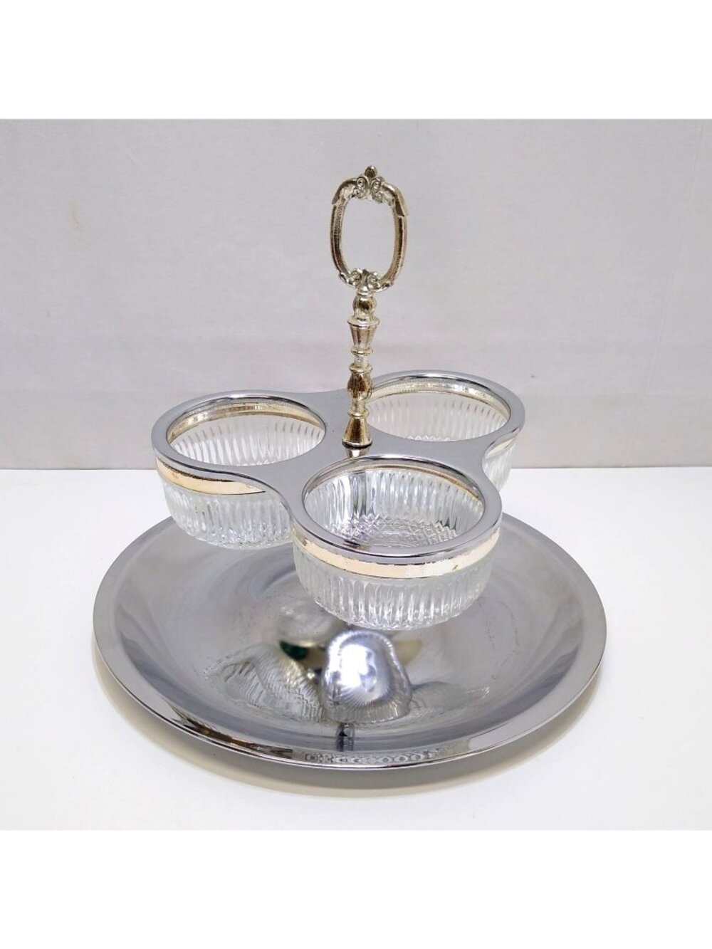 Kromex Stainless Steel Serving Caddy Three Glass Inserts Carry Handle Vintage